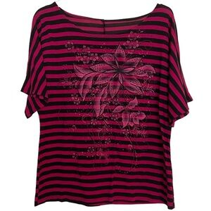 Wine and Black Striped Short Sleeve Floral Embellished Top. Size Medium